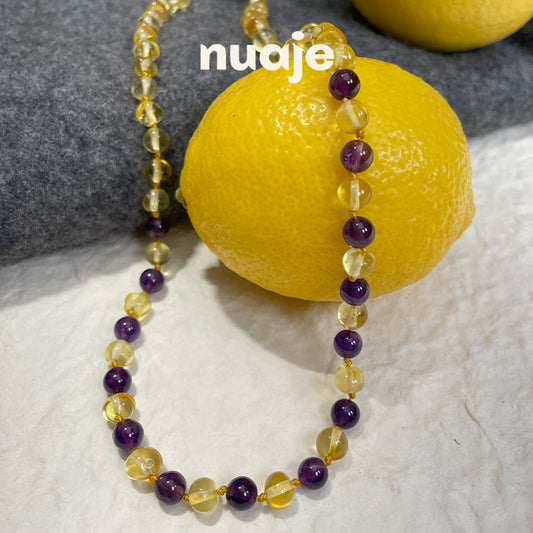 Collier baroque classique et moderne pour adulte en ambre citron/améthyste de la Baltique