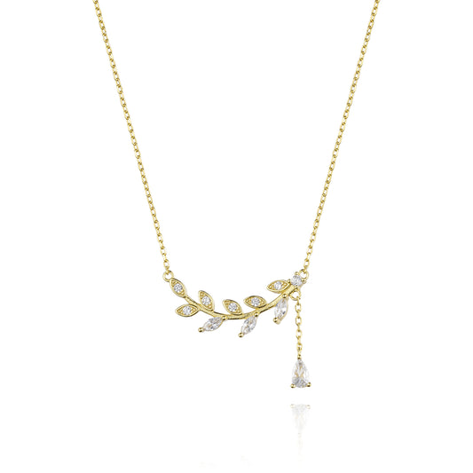 Olive Leaf Silver Zircon Necklace